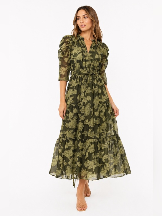 Moon River Dresses & Skirts - Moon River Envy Dress Green Floral Midi Puff Sleeve XS Boho Cottagecore